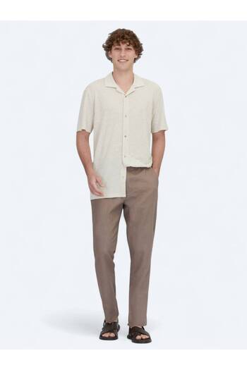 Kip Beige Patterned Regular Fit Casual Linen Blend Shirt