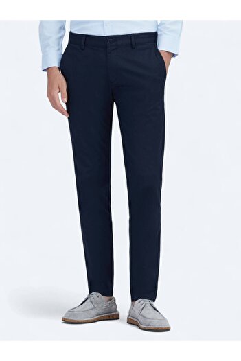 Kip Navy Blue Plain Woven Regular Fit Casual Cotton Blended Trousers
