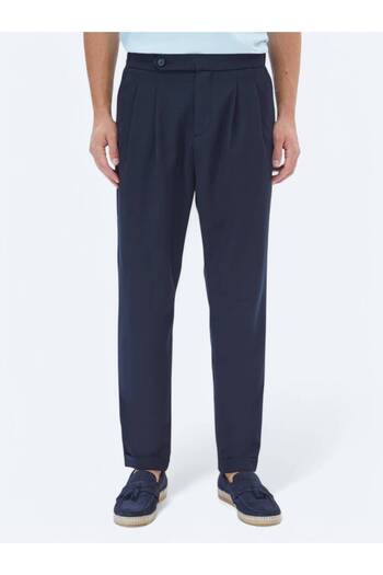 Kip Navy Blue Carrot Fit Smart Casual Trousers - Plain Woven