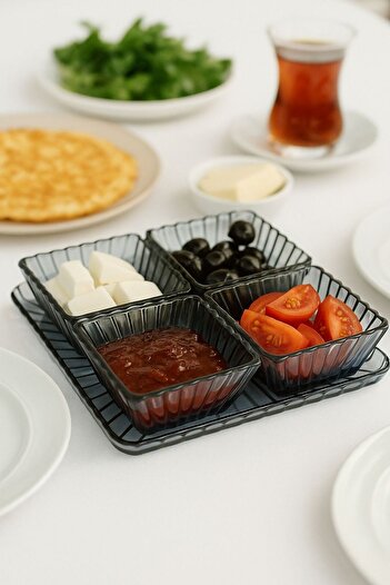 isra kristal Crystal Look Smoked Glass 5-Piece Breakfast Set – Stylish Presentation and Snack Serving