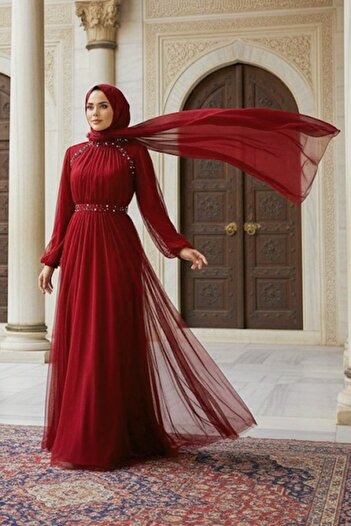 Neva Style Pearl Detailed Burgundy Hijab Evening Dress 22041Br