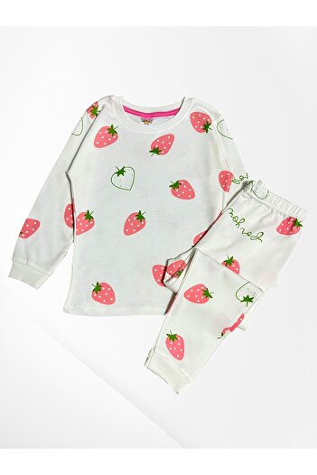 elmas kids Girls' 100% Cotton White Strawberry Patterned Patterned Long Sleeve Winter Pajamas Set