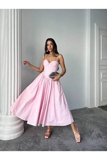 MAXMOOR ROSESA KORSAJ DETAY MİDİ POPLİN PEMBE ELBİSE