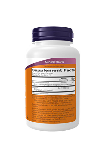 Now Food Magtein Capsules Dietary Supplement with Magnesium L-Threonate Complex, 90 Vegetarian Capsules