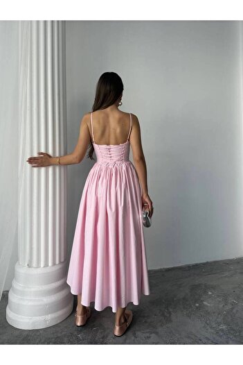 MAXMOOR ROSESA KORSAJ DETAY MİDİ POPLİN PEMBE ELBİSE