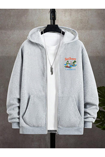 Deep sense Чоловічий сірий худі з капюшоном на блискавці Oversize Sweatshirt Зимовий шкільний кардиган з принтом