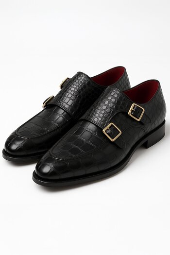 Deriderim Black Crocodile Patterned Double Buckle Genuine Leather Men's Shoes
