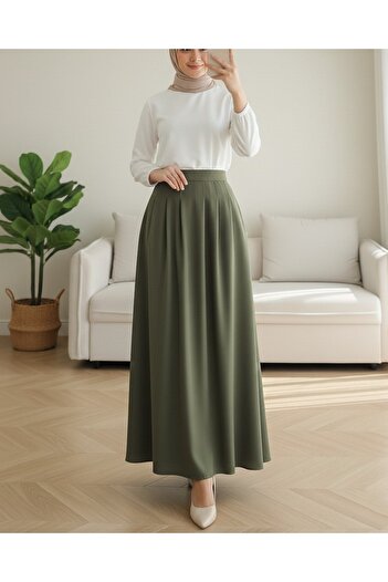 Modamorfo Pleated Crepe Skirt with Zipper Pocket - Khaki