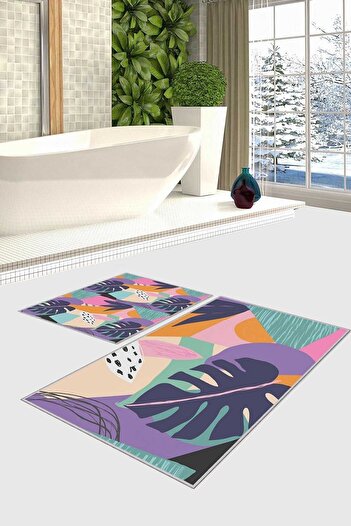 Homefesto Decorative Modern Design Non-Slip Base Double Set Bath Mat & Toilet Seat Set-2 Pieces