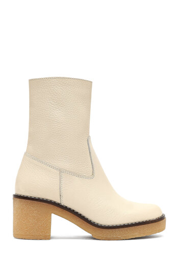 Derimod Women's Cream Zippered Short Heeled Leather Boots 25Wfd1513Ft