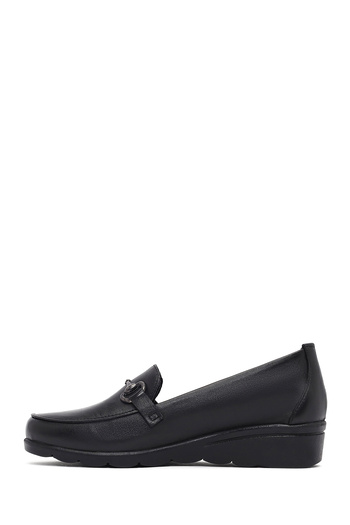 Derimod Women's Black Buckle Wedge Heeled Leather Winter Loafer Shoes 25Afd410118