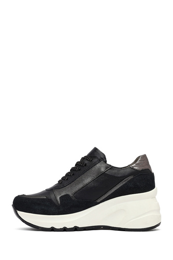 Derimod Women's Black Lace-Up Zipper Detailed Wedge Heeled Leather Sneaker, Winter Sports Shoes 25Afd370514