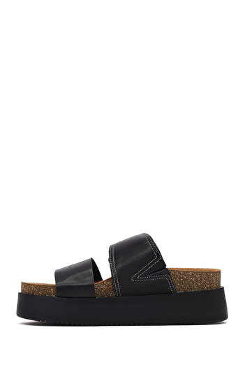 Derimod Women's Black Buckle Thick Soled Leather Slippers 25Sfd132918