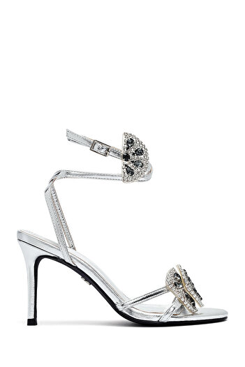 Derimod Women's Silver Ankle Buckle Stone Thin Heeled Shoes Sandals 25Sfe481932