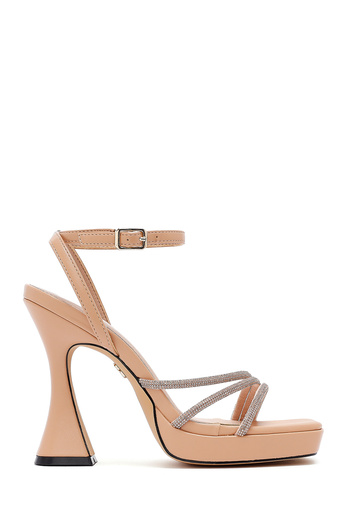 Derimod Women's Beige Ankle Strap Thick High Heeled Shoes Evening Dress Sandals