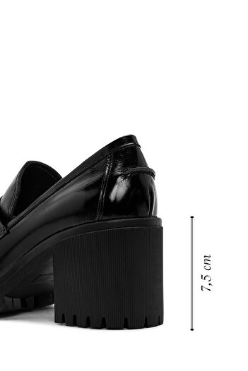 Derimod Women's Black Thick Heeled Patent Leather Masculine Winter Loafer Shoes 25Afd200016