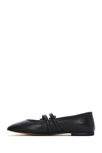 Derimod Women's Black Double Buckle Stone Genuine Leather Summer Ballerina Shoes 25Sfd380118