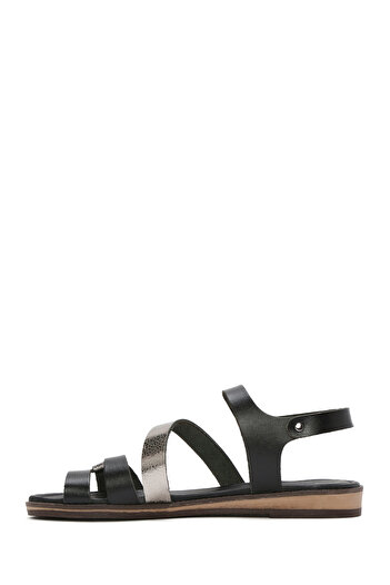 Derimod Women's Black Buckle Metallic Genuine Leather Bodrum Sandals 25Sfd333618
