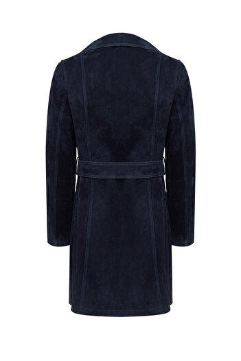 Derimod Argentina Women's Navy Blue Suede Leather Trench Coat 25Sgd 530210