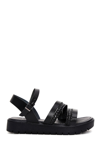 Derimod Women's Black Thick Soled Knitted Detailed Genuine Leather Bodrum Sandals 25Sfd330918