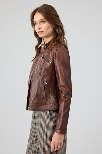 Derimod Kylie Women's Brown Prevailing Collar Leather Jacket 24Wge5352Nc