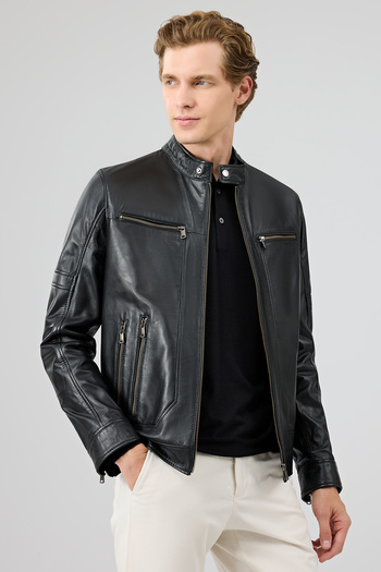 Derimod Patrick Men's Black Judge Collar Leather Jacket 24Wge65411M