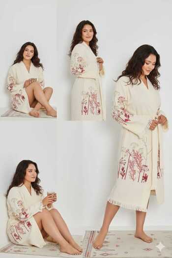 SEMTEKSTİL Curve (Plus Size) Muslin Fabric 100% Cotton Patterned Pocketed Kimono Dressing Gown Bathrobe