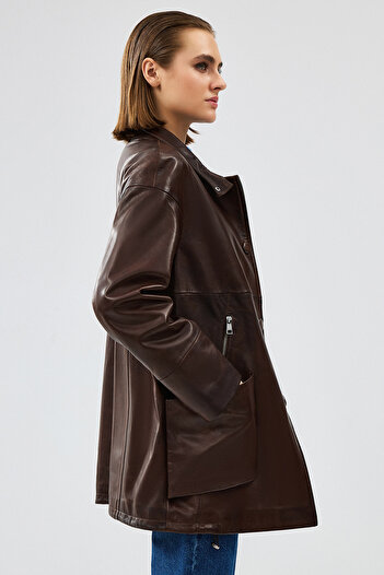Derimod Dalida Women's Brown Oversize Leather Jacket 24Wgd5212Hn