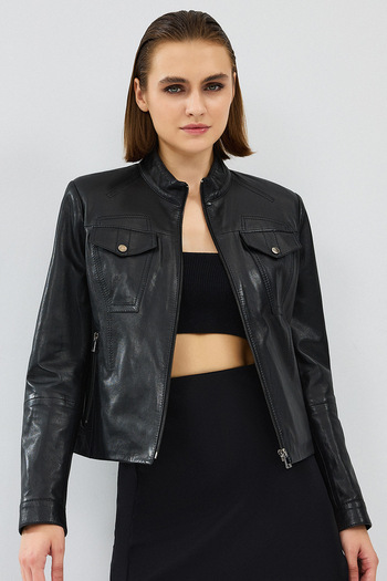 Derimod Gigi Women's Black Short Leather Jacket 24Wgm 543251