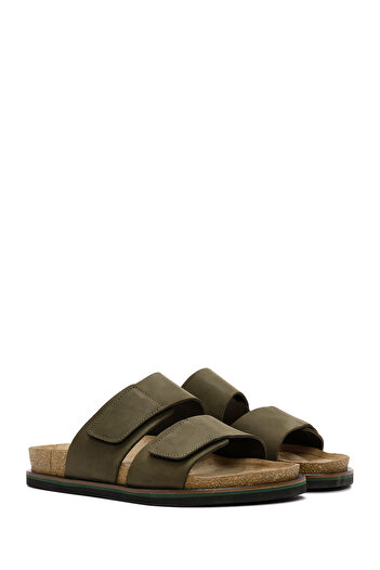 Derimod Ανδρικές δερμάτινες παντόφλες Khaki Nubuck 24SFD6258V3