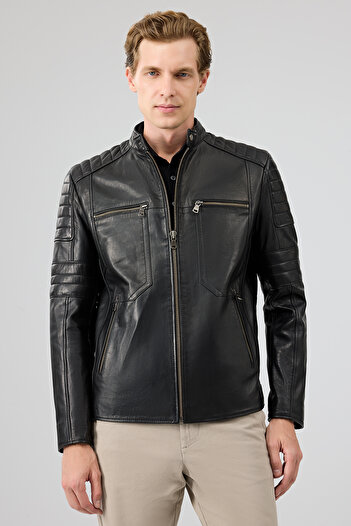 Derimod Morant Men's Black Judge Collar Leather Jacket 24Wgf6554Ve