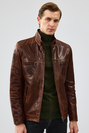 Derimod Wade Men's Slim-Fit Brown Leather Jacket - 24Wgf6462M2
