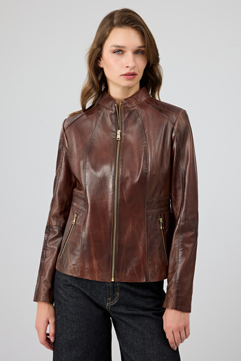 Derimod Lydia Women's Brown Short Leather Jacket 24Wge5976Nc