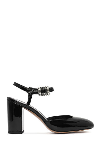 Derimod Women's Black Ankle Strap Stone Thick Heeled Leather Shoes 24Wfd 230616