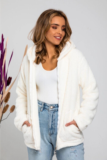 hazelin Women's Ecru Welsoft Stretch Fabric Plush Soft Front Zipper Hooded Jacket Hzl23W-Dsb110081