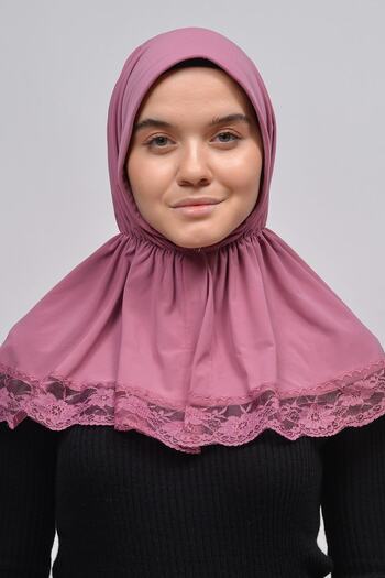 Altobeh Lacy Rubber Drawstring Interlining Banded Snap Fastener Ready Turban Practical Scarf-Dried Rose
