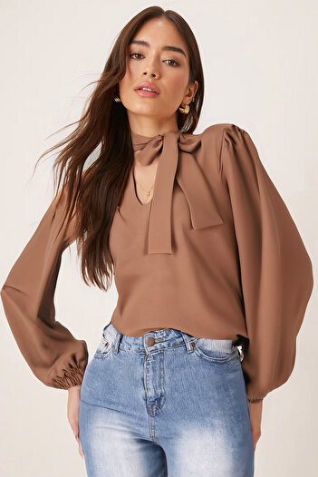 armonika Women's Camel Collar Tie-Up Sleeve Elasticated Blouse Arm-25K001096