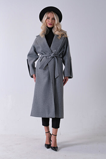 Feminist Gray Knitted Stamp Oversize Coat - Front Button 0108081