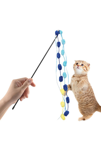 Omuta Cat Play Fishing Rod 1 Piece with Fishing Line Colorful Pompom Play Ball Pet Drawstring Fun Activity Game