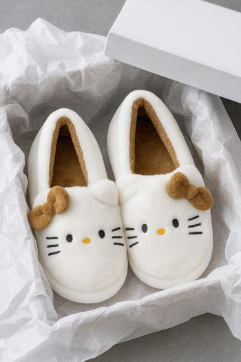 StWenn Hello Figured Ribbon Detailed Bowknot Winter Unisex House Slippers Non-Slip Sole