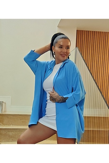 asalya Women's Blue Oversize Large Size Aerobin Linen Shirt