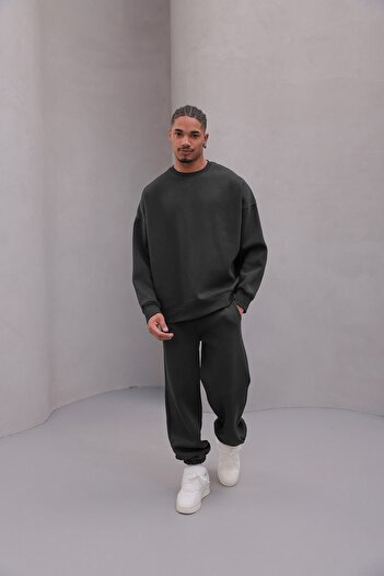 The Champ Clothing Men's Oversize Tracksuit Set Basic Smoked – Crew Neck, Elasticated Legs, 3 Thread Ribbed