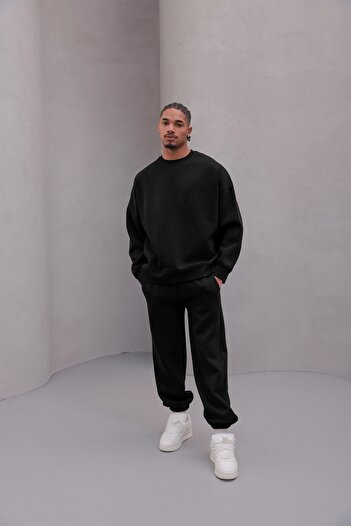 The Champ Clothing Ανδρικό σετ αθλητικής φόρμας Oversize Basic Μαύρο – Λαιμόκοψη, Ελαστικό πόδι, 3 κλωστές με ανάλαφρο χρώμα