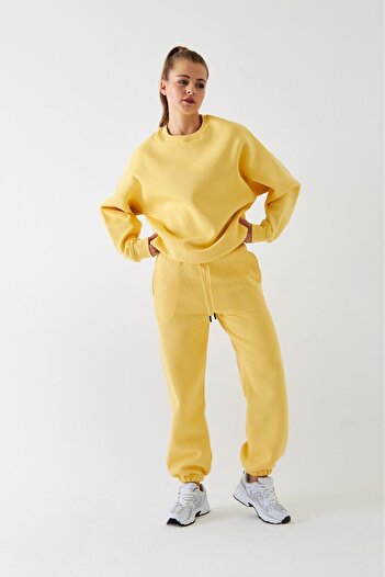The Champ Clothing Unisex Oversize Σετ Φούτερ Βασικό Κίτρινο – Λαιμόκοψη, Ελαστικό πόδι, Φλις με 3 κλωστές