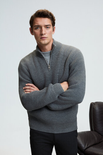 GRIMELANGE Bernardo Men's Half-Zip Stand Collar Knitwear Anthracite Sweater