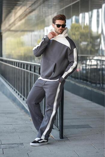 Madmext Smoked Hooded Stripe Detailed Men's Tracksuit Set E7326