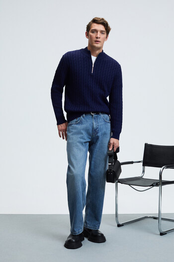 GRIMELANGE Ivar Men's Half-Zip Stand Collar Hair Knit Patterned Knitwear Navy Blue Sweater