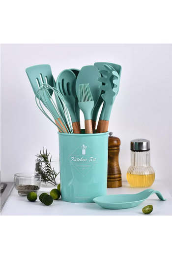 SPEEDSTORE Set of 12 silicone kitchen utensils, wooden handle, heat resistant