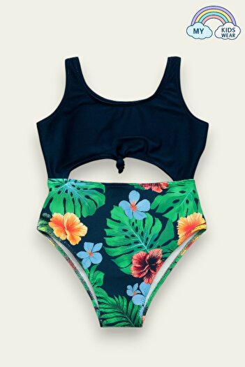 My Kids Wear Girl's Back Detailed Front Tie Patterned Swimsuit