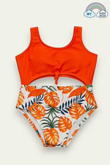 My Kids Wear Girl's Back Detailed Front Tie Patterned Swimsuit